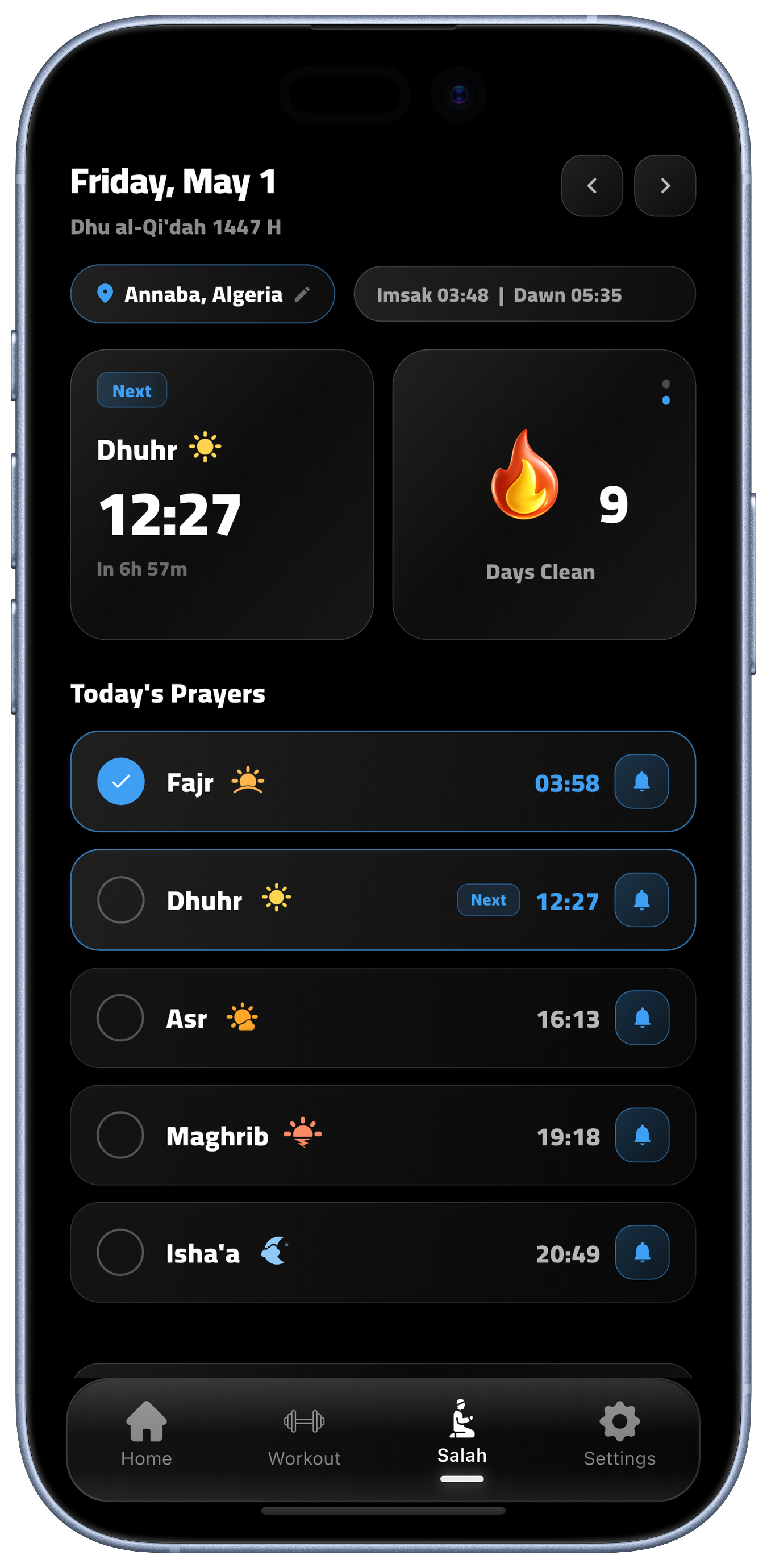 DeenFit App — Salah Screen